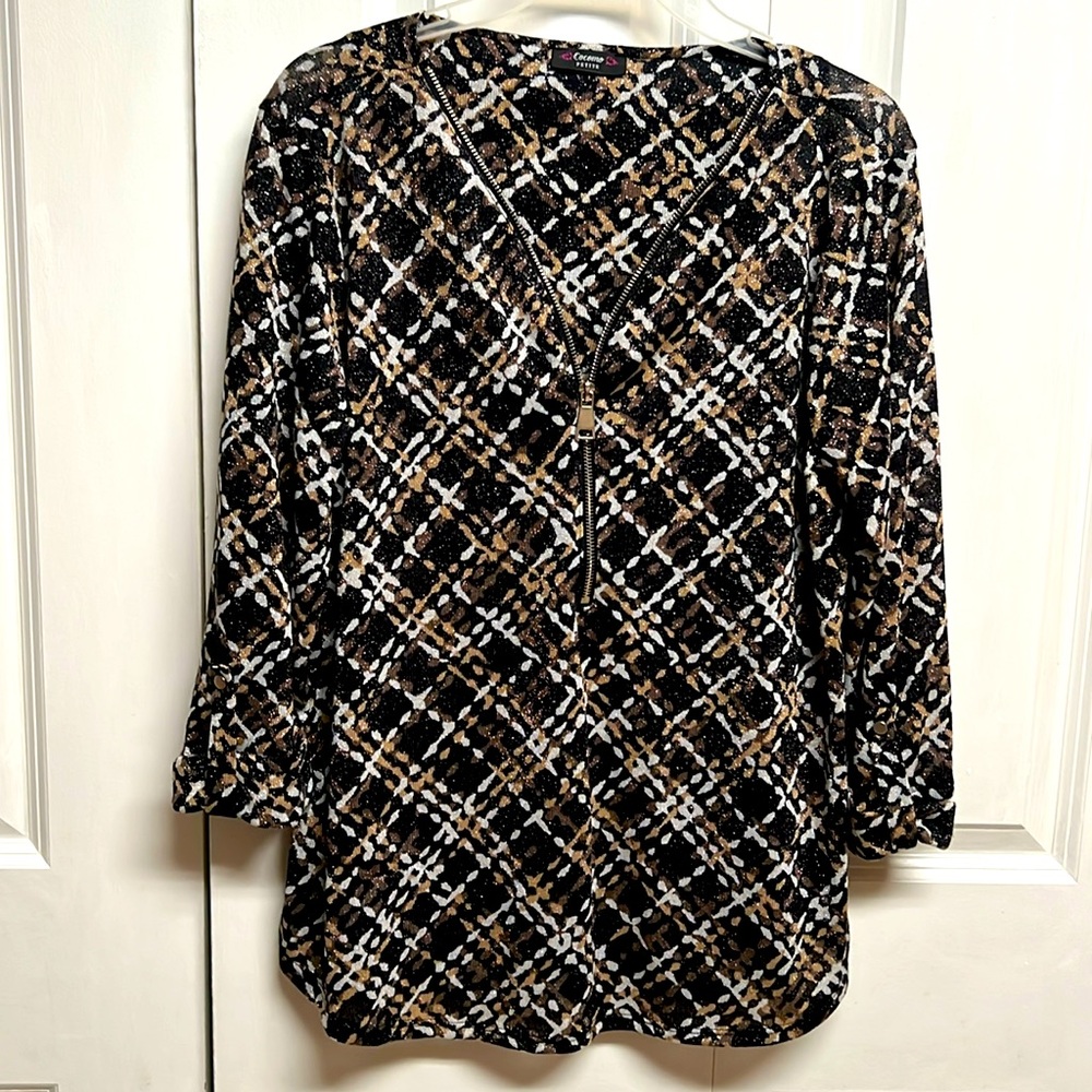 Cocomo Black Gold Silver Print 1/2 Zip Front Knit Top Size LP